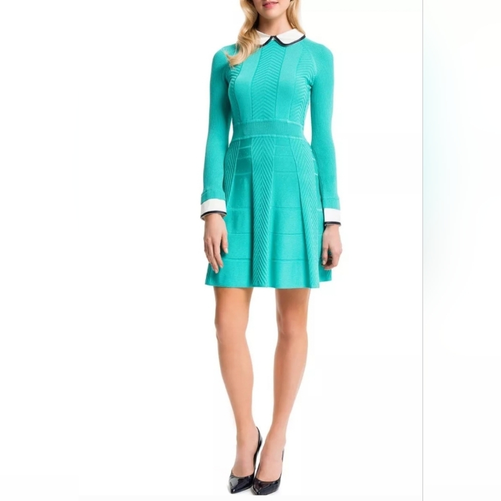 Cynthia Steffe Dress Mixed Knit Turquoise With Cuff Peter Pan Collar Size Small